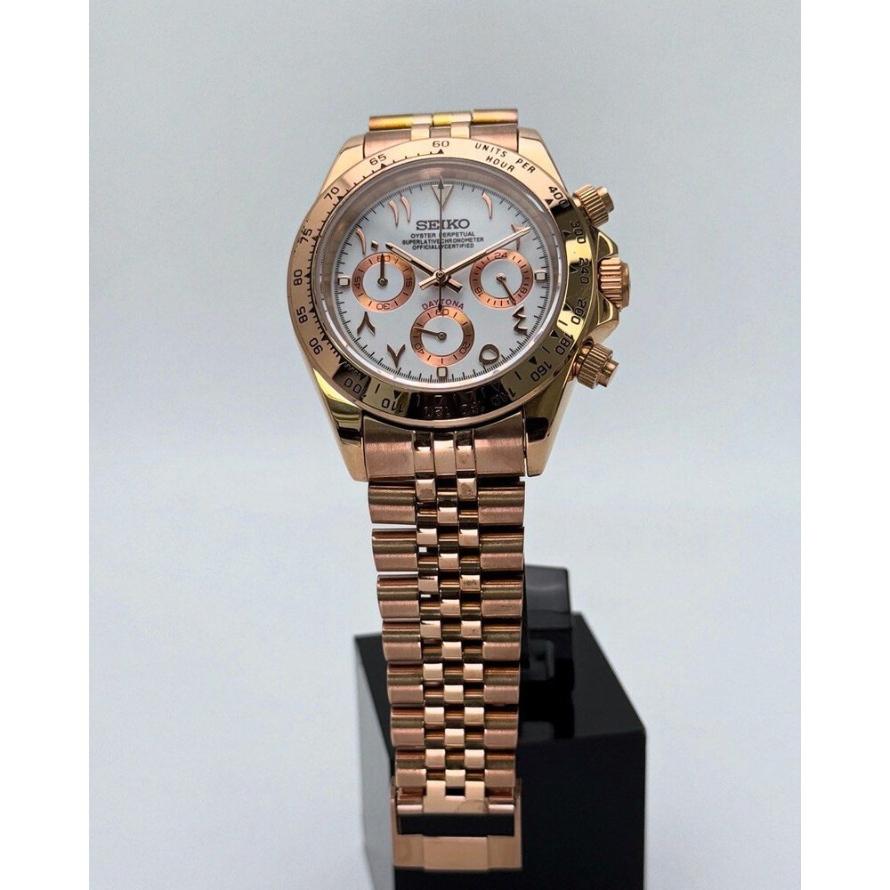 Custom Seiko Mod • White Rose Gold Arabic Daytona • 39.5mm